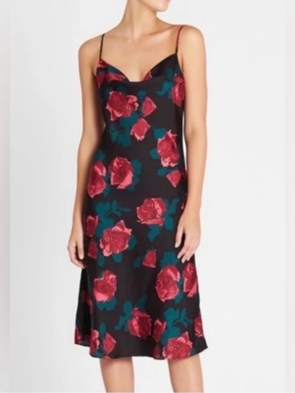 Black Floral Midi Satin Dress with Red Roses